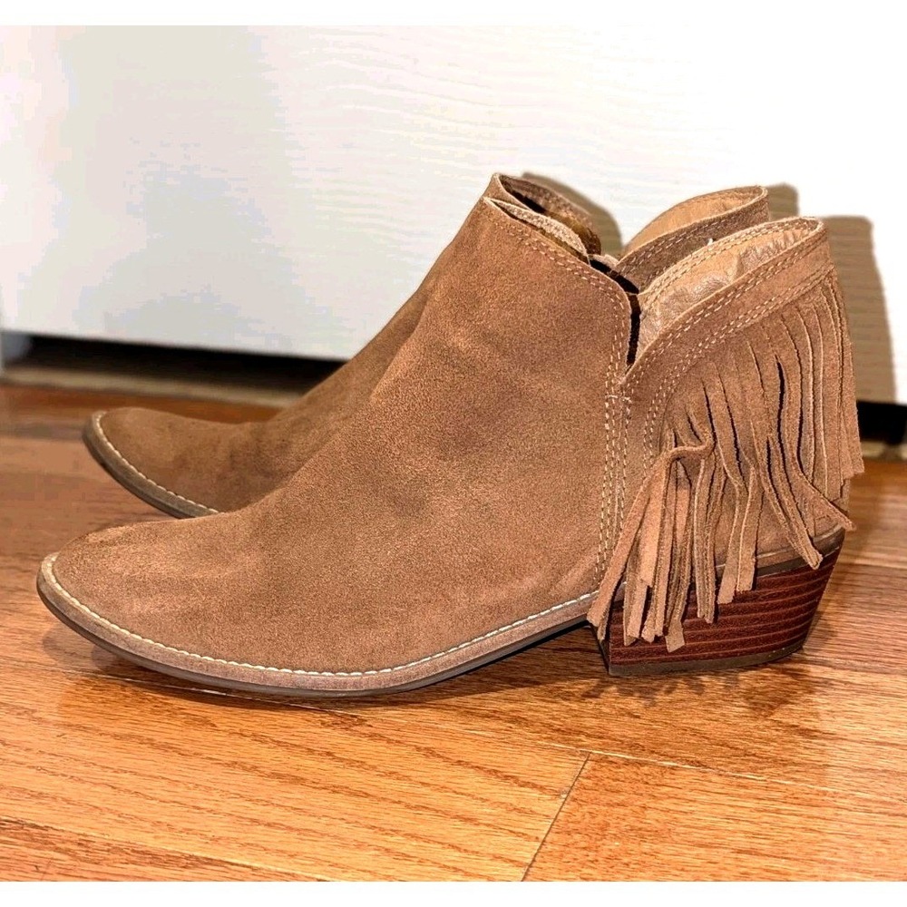 Boho Western Suede Fringe‎ Ankle Boots Lucky Brand Tan Leather 9.5 M
